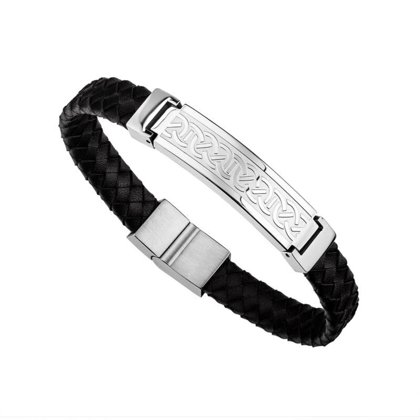 BRACELETS & BANGLES SOLVAR CELTIC MAN STAINLESS STEEL & BLK LEATHER HINGED BRACELET