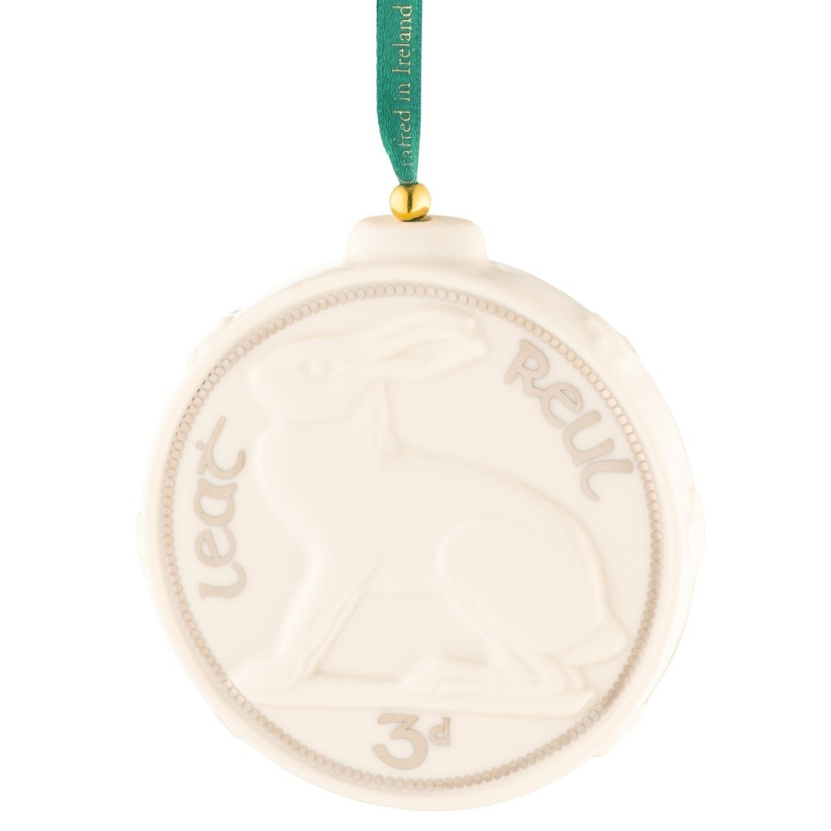 ORNAMENTS BELLEEK ORNAMENT - Old Irish Coin Hare Threepence