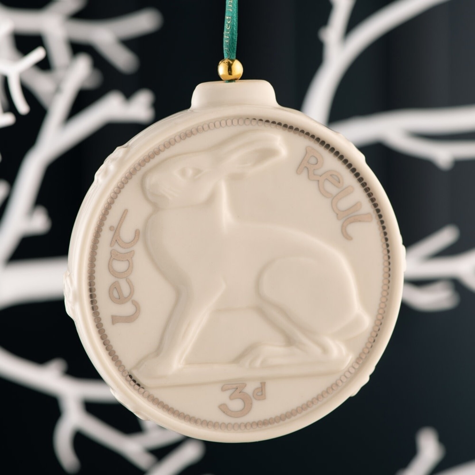 ORNAMENTS BELLEEK ORNAMENT - Old Irish Coin Hare Threepence