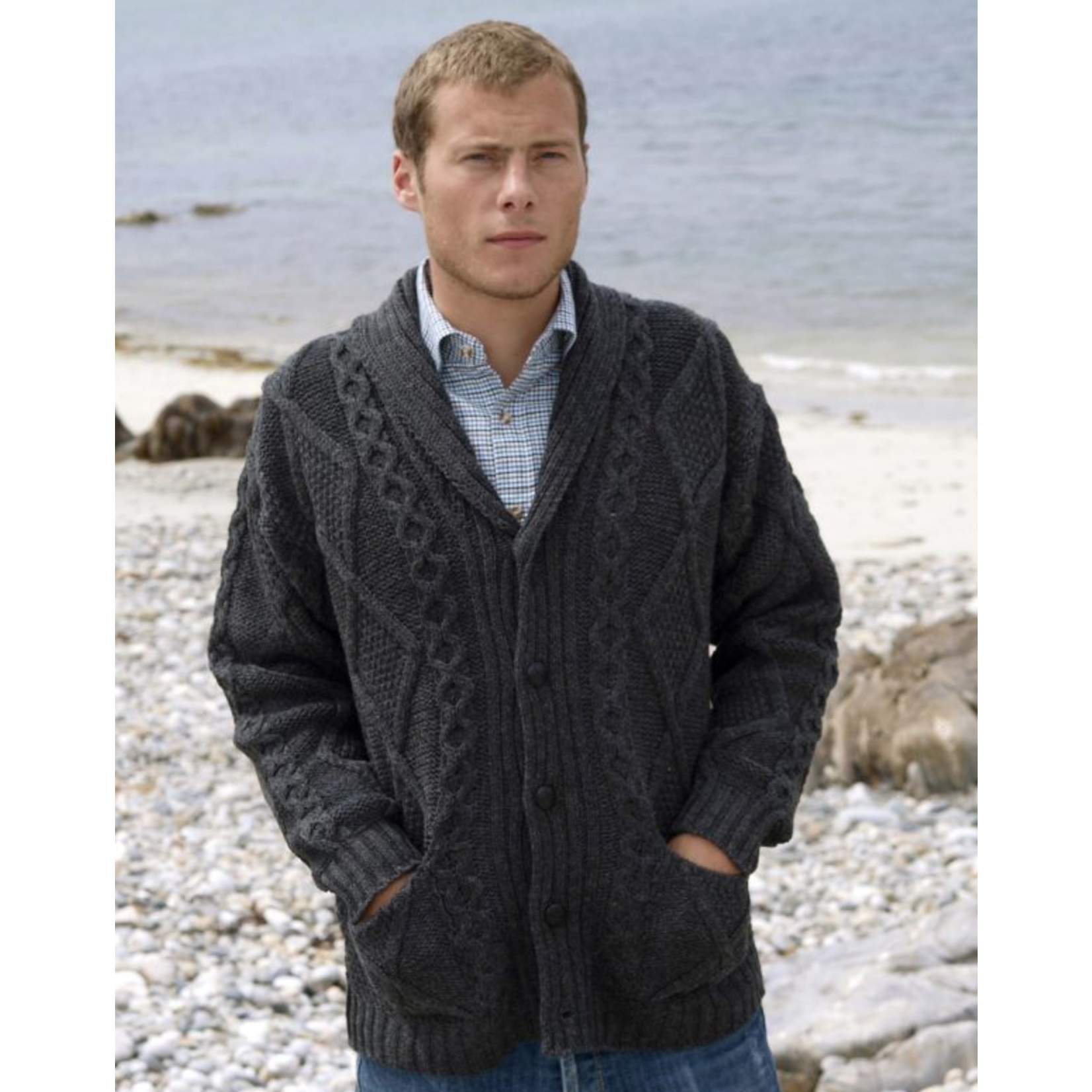 SWEATERS KERRY ARAN BUTTON CARDIGAN - Charcoal