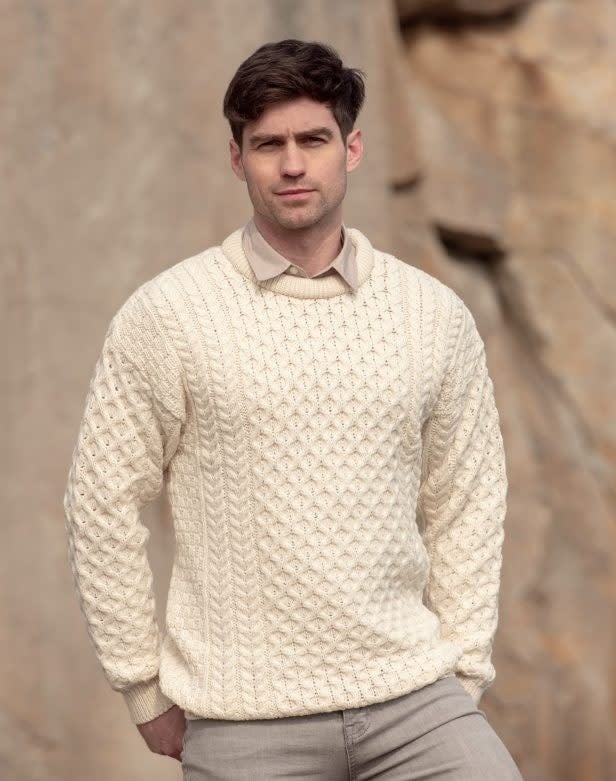 Men's Traditional Merino Wool Aran Sweater Cream XL