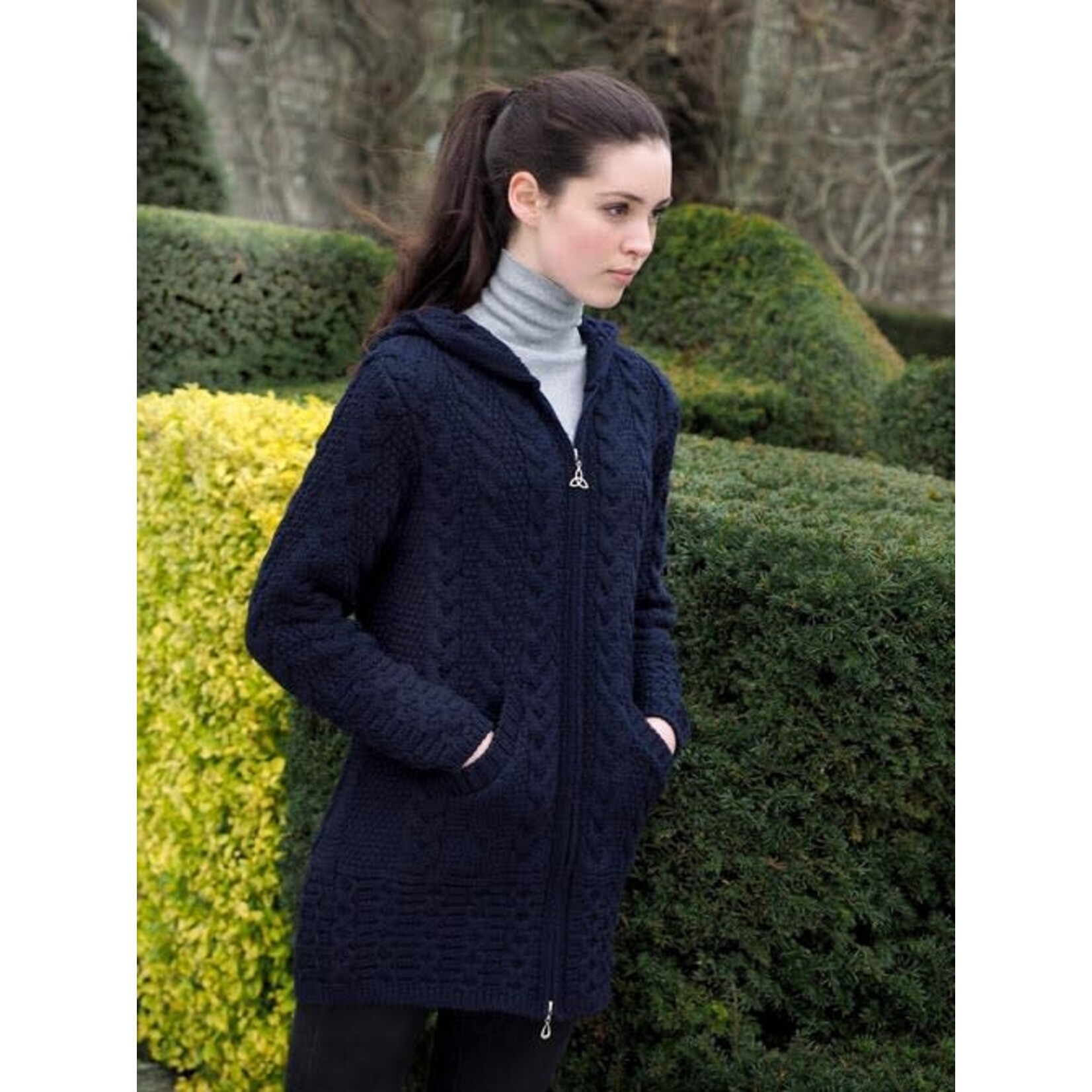 SWEATERS GALWAY HOODED COAT with CELTIC KNOT ZIPPER - Navy