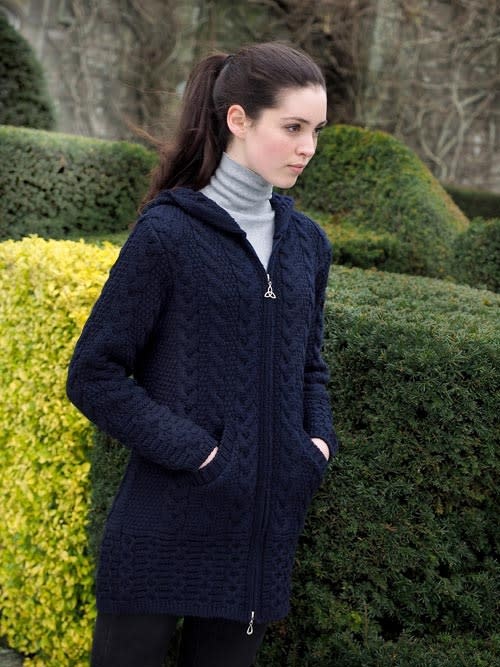 GALWAY HOODED COAT with CELTIC KNOT ZIPPER Navy