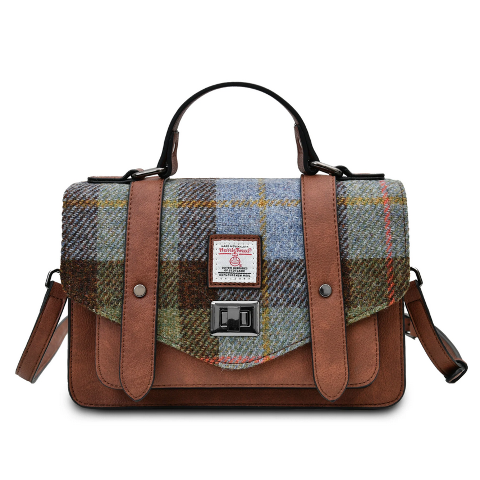 ACCESSORIES ISLANDER MEDIUM SATCHEL w HARRIS TWEED Chestnut & Blue Tartan