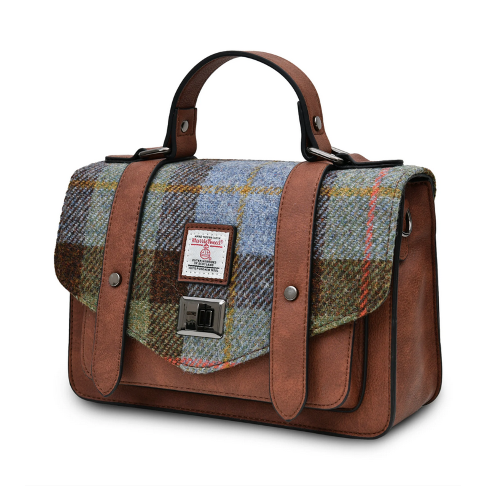 ACCESSORIES ISLANDER MEDIUM SATCHEL w HARRIS TWEED Chestnut & Blue Tartan