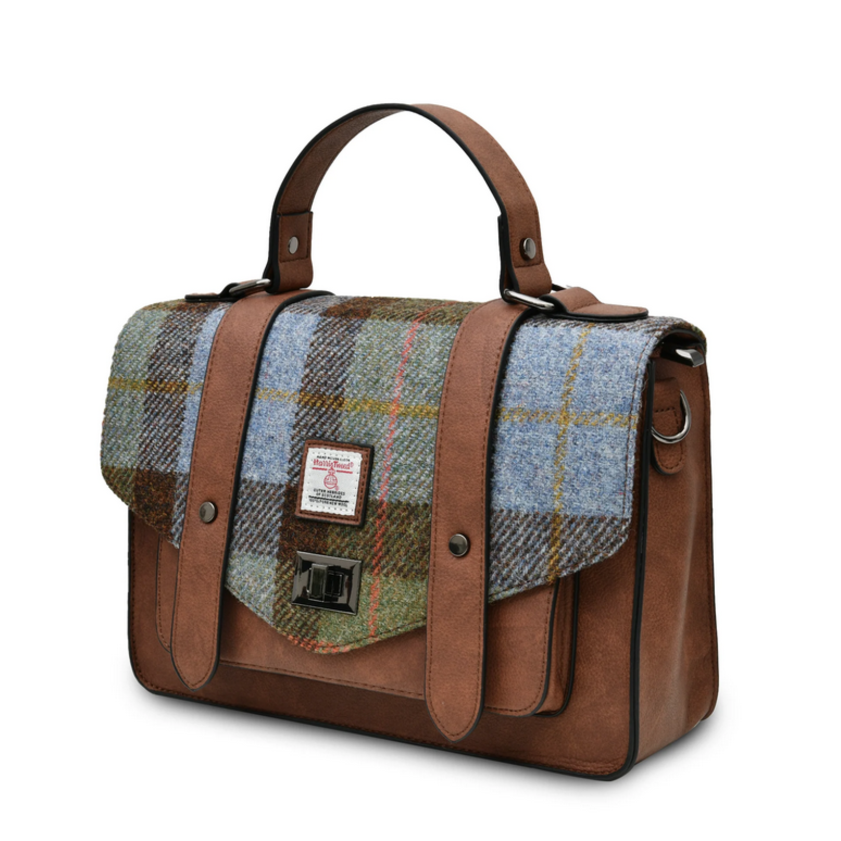 ACCESSORIES ISLANDER LARGE SATCHEL w HARRIS TWEED Chestnut & Blue Tartan