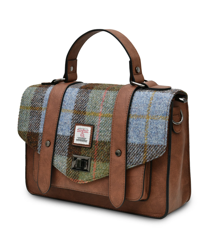 ACCESSORIES ISLANDER LARGE SATCHEL w HARRIS TWEED Chestnut & Blue Tartan