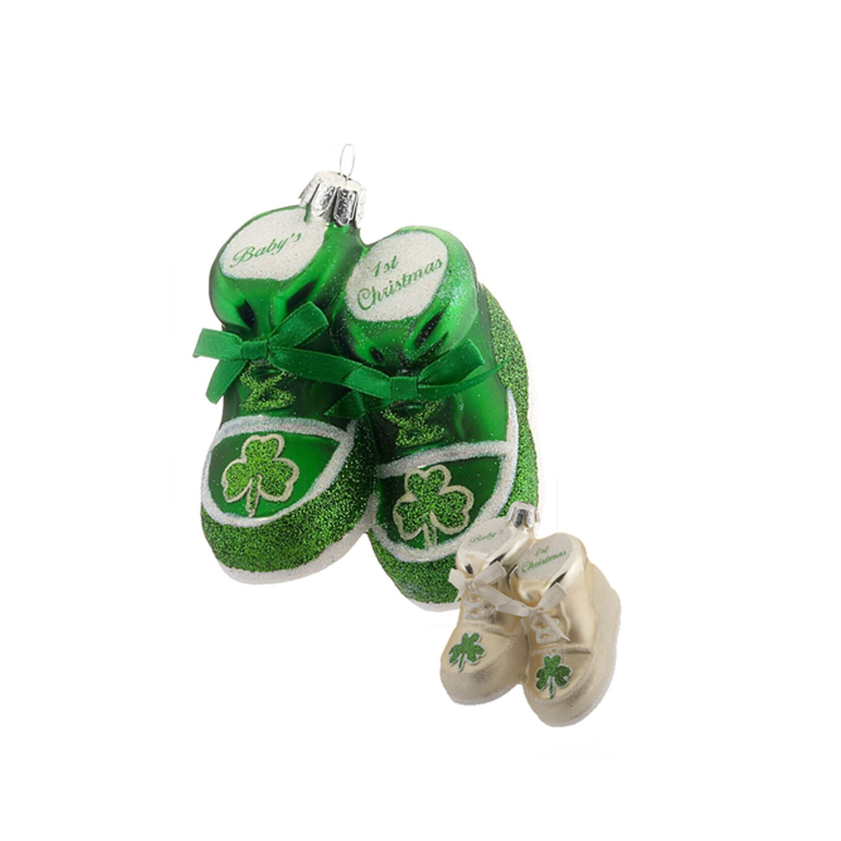 ORNAMENTS GLASS BABY SHOE ORNAMENT with SHAMROCK