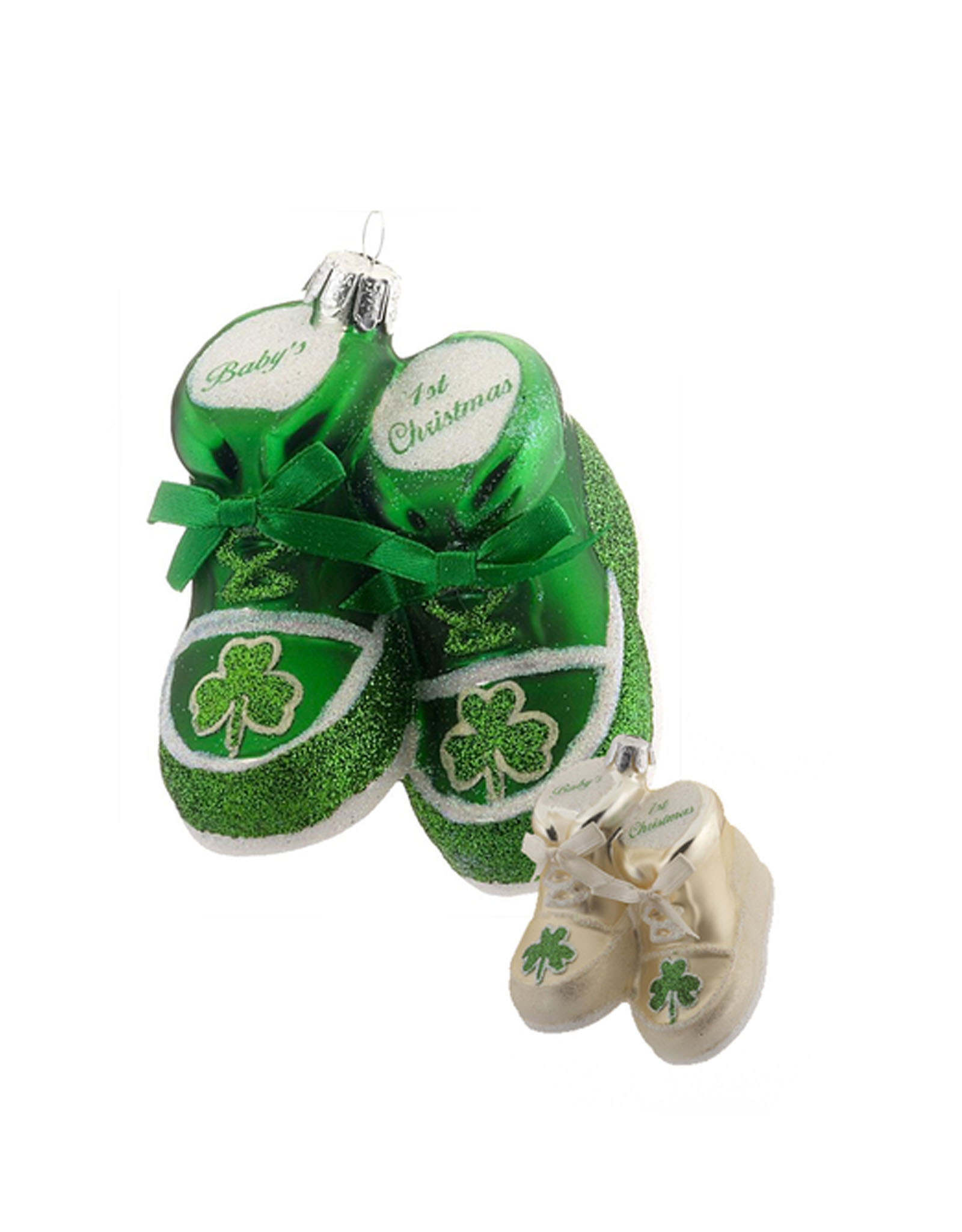 ORNAMENTS GLASS BABY SHOE ORNAMENT with SHAMROCK
