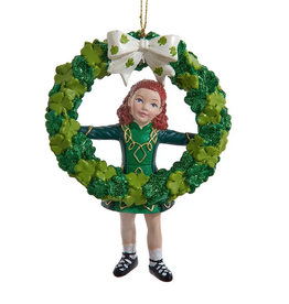 ORNAMENTS IRISH DANCER with SHAMROCK WREATH ORNAMENT