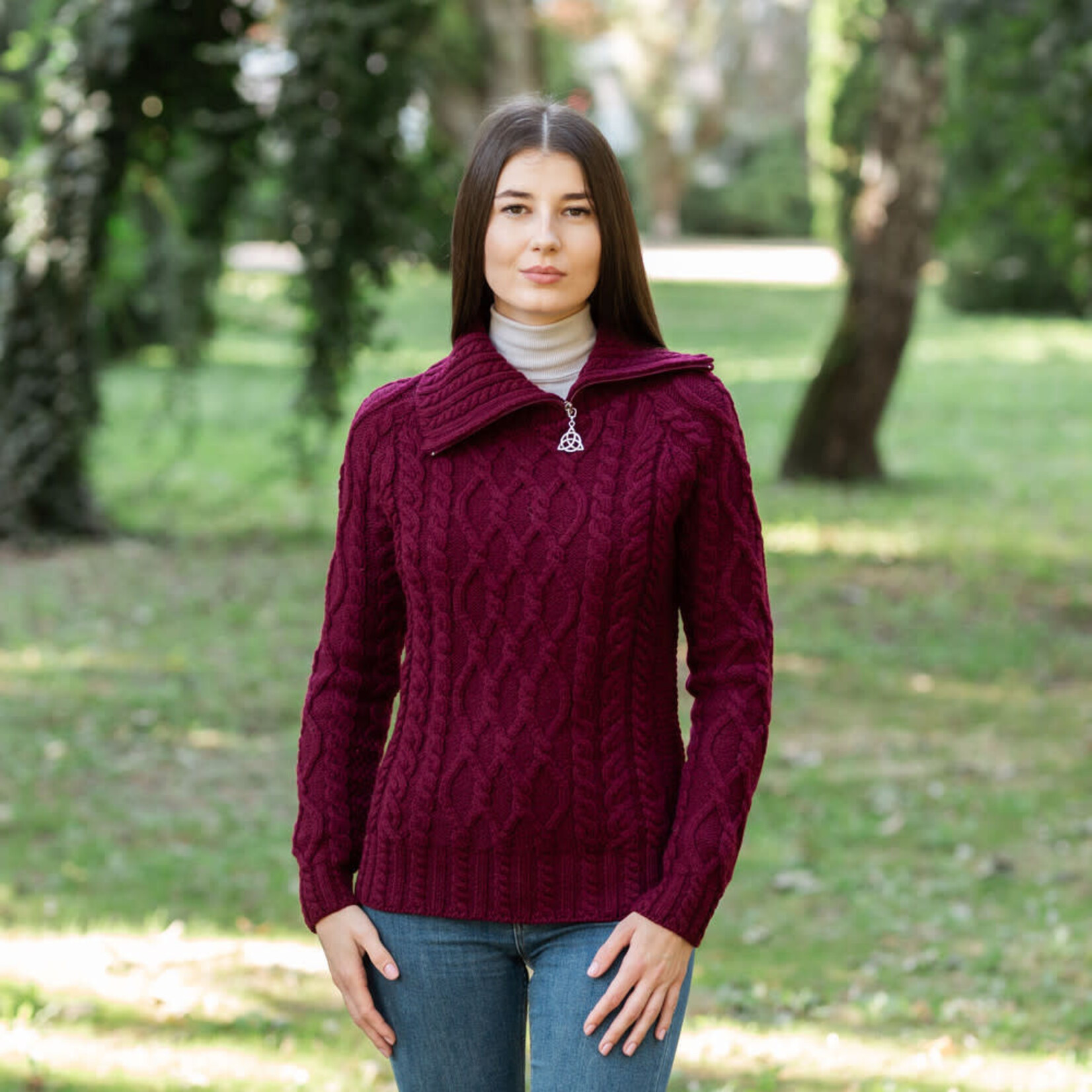 SWEATERS CLEARANCE: SAOL LADIES ZIPPER NECK SWEATER - Wine :FINAL SALE
