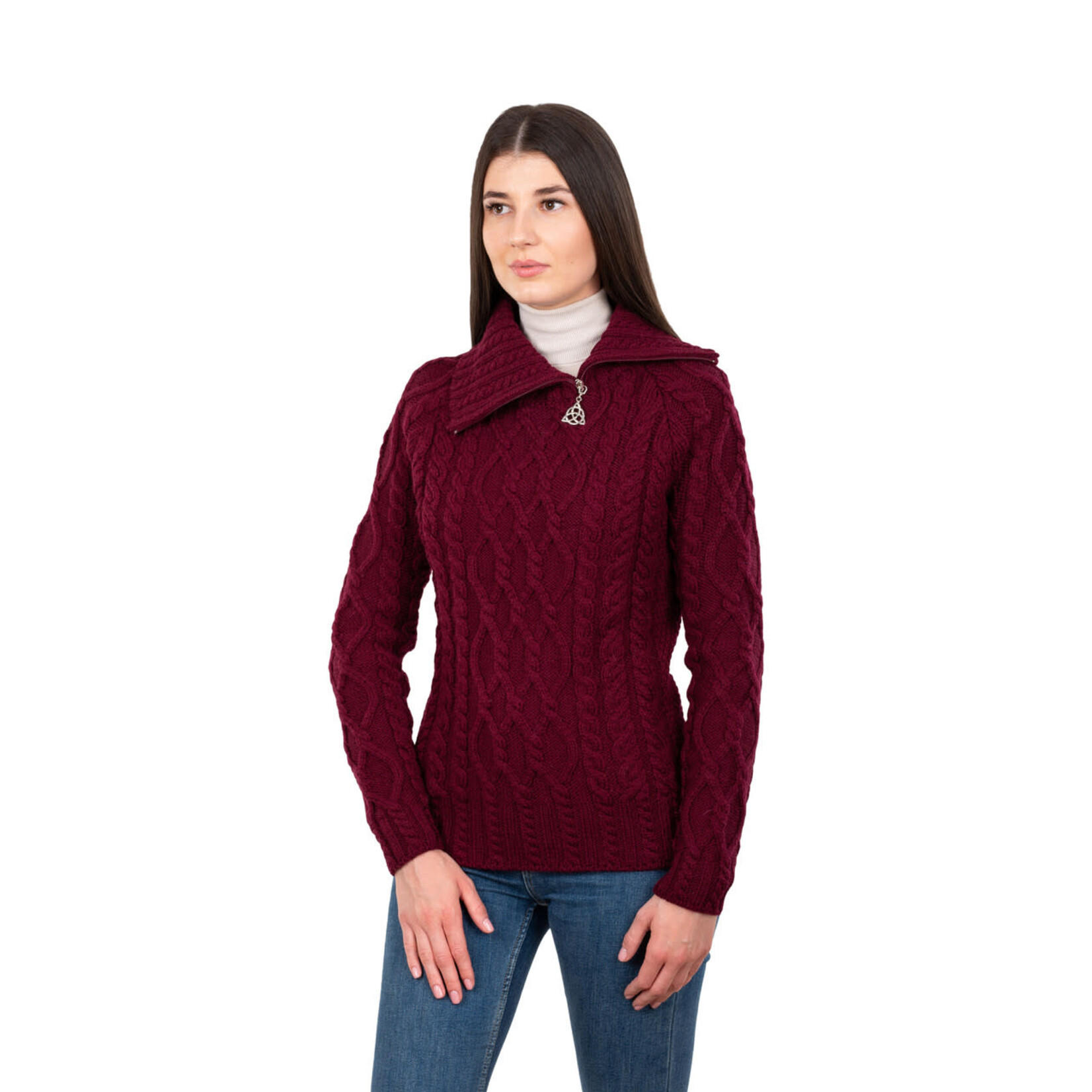 SWEATERS CLEARANCE: SAOL LADIES ZIPPER NECK SWEATER - Wine :FINAL SALE