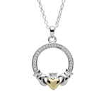 PENDANTS & NECKLACES FADO STERLING TWO TONE PAVE SET CLADDAGH PENDANT