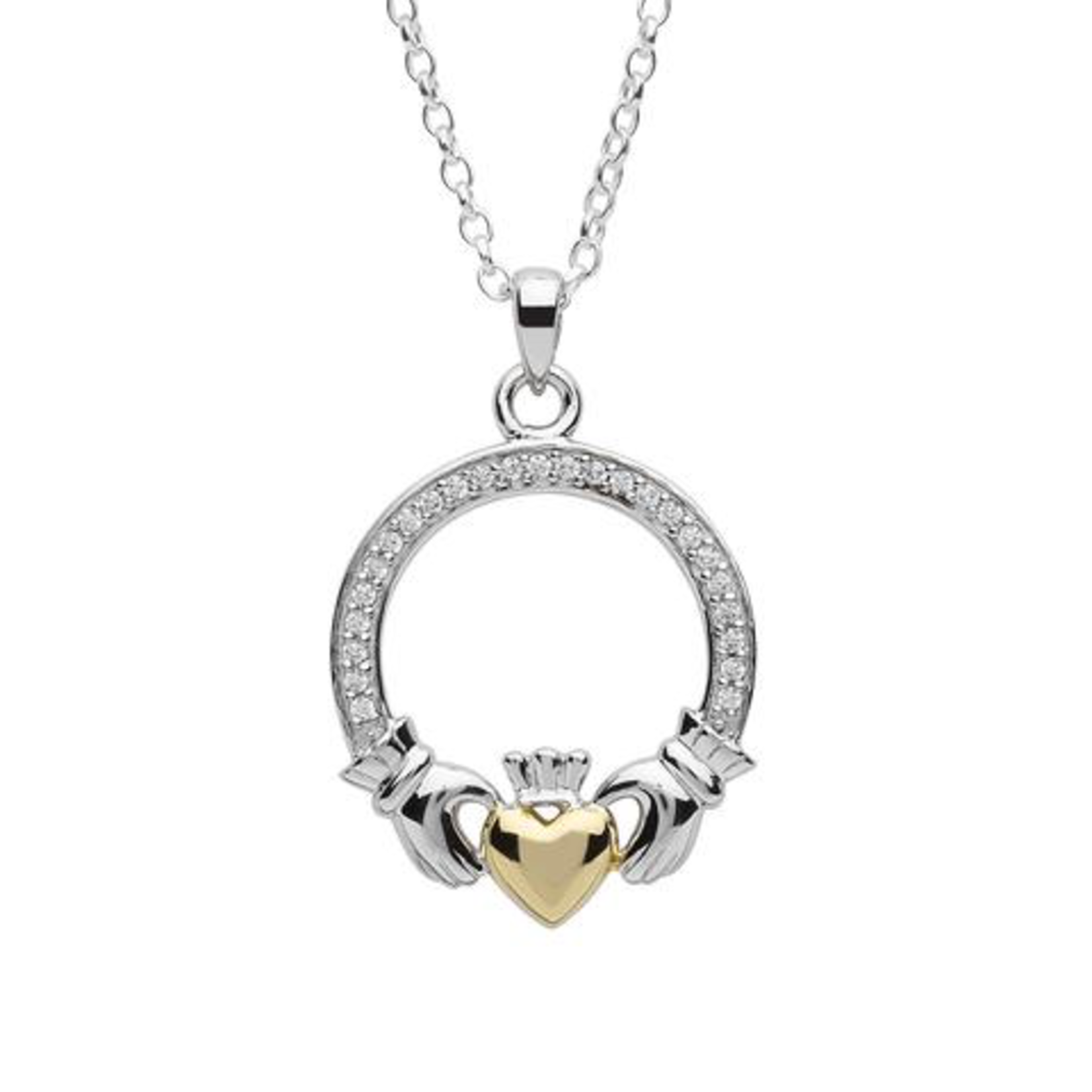 PENDANTS & NECKLACES FADO STERLING TWO TONE PAVE SET CLADDAGH PENDANT