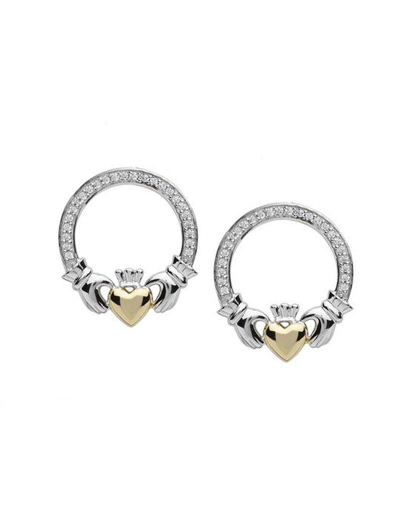 EARRINGS FADO STERLING TWO TONE PAVE SET CLADDAGH EARRINGS