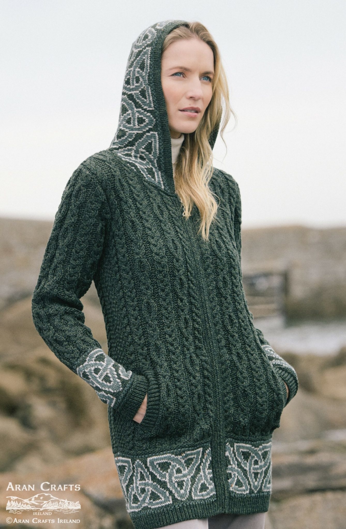 SWEATERS ST. BRIGID CELTIC JACQUARD HOODED COAT - Army Grn