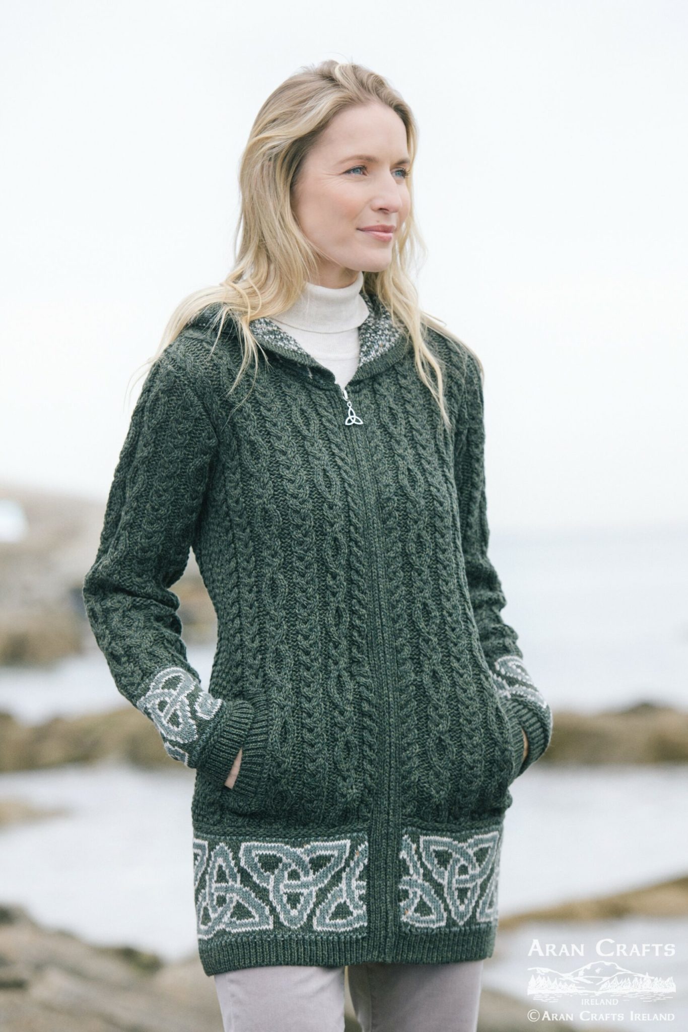 SWEATERS ST. BRIGID CELTIC JACQUARD HOODED COAT - Army Grn