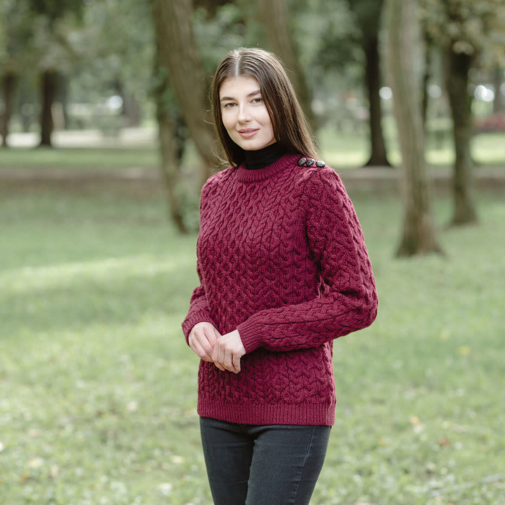 SWEATERS CLEARANCE: SAOL LADIES SHOULDER BUTTON SWEATER - Wine :FINAL SALE