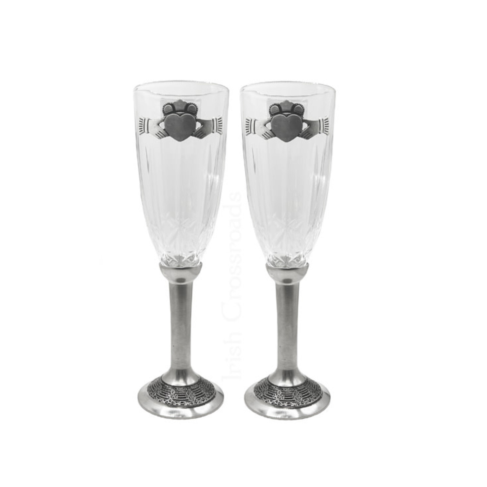 WEDDING FLUTES MULLINGAR PEWTER & CRYSTAL CLADDAGH FLUTES