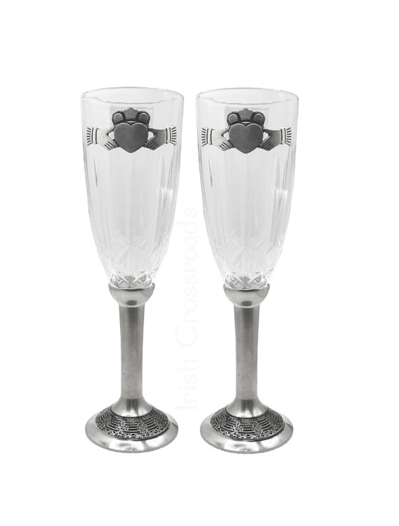 WEDDING FLUTES MULLINGAR PEWTER & CRYSTAL CLADDAGH FLUTES