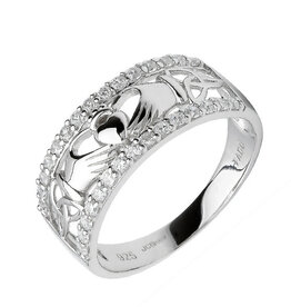 RINGS FADO STERLING STONE-SET CLADDAGH BAND with TRINITY