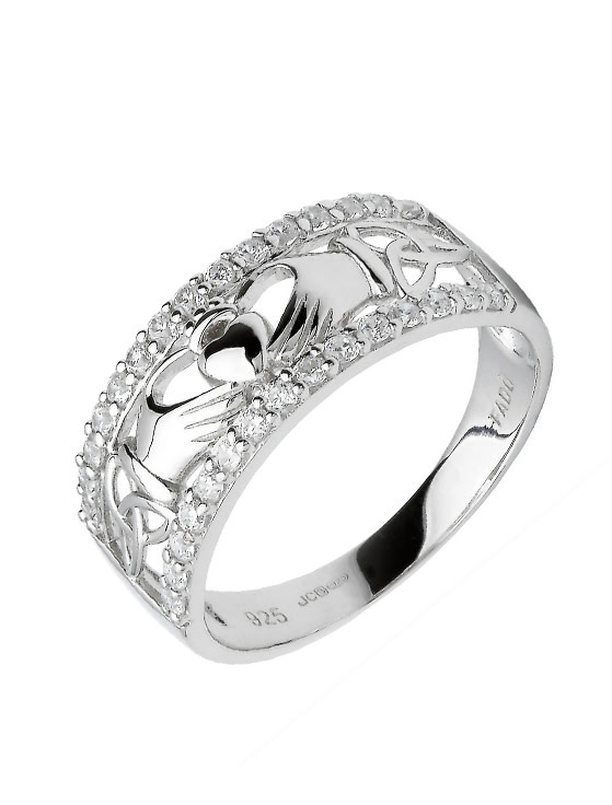 RINGS FADO STERLING STONE-SET CLADDAGH BAND with TRINITY