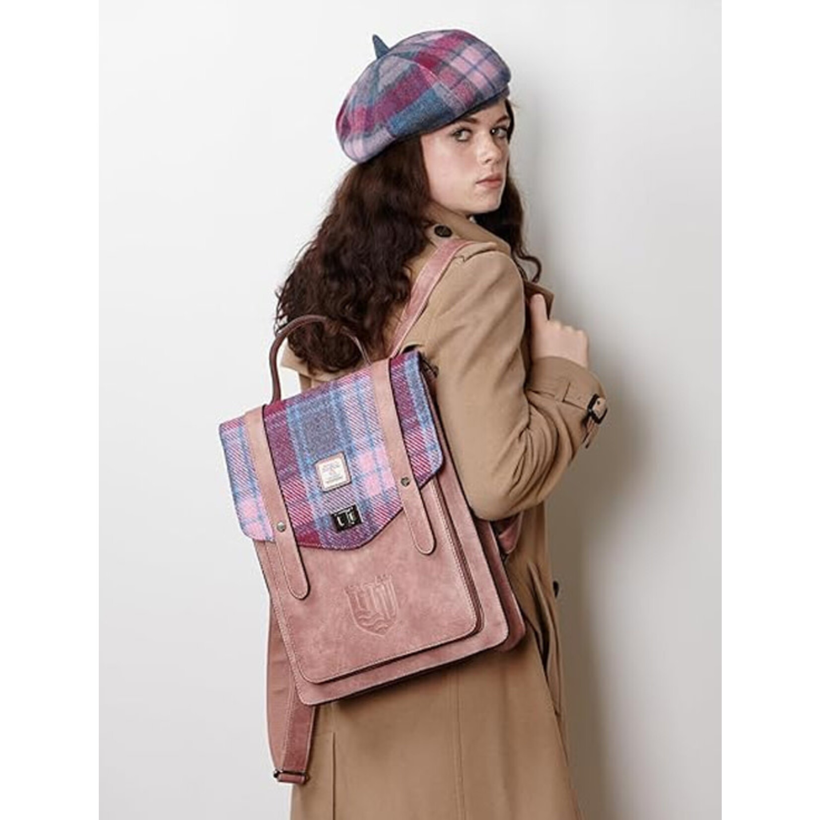 ACCESSORIES ISLANDER CARLOWAY LAPTOP BACKPACK w HARRIS TWEED Pink & Blue Tartan