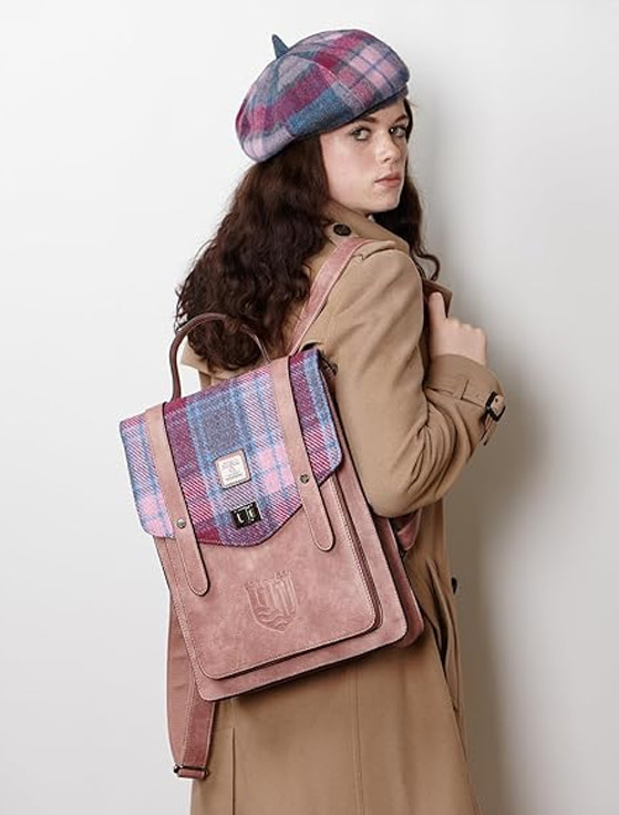 ACCESSORIES ISLANDER CARLOWAY LAPTOP BACKPACK w HARRIS TWEED Pink & Blue Tartan
