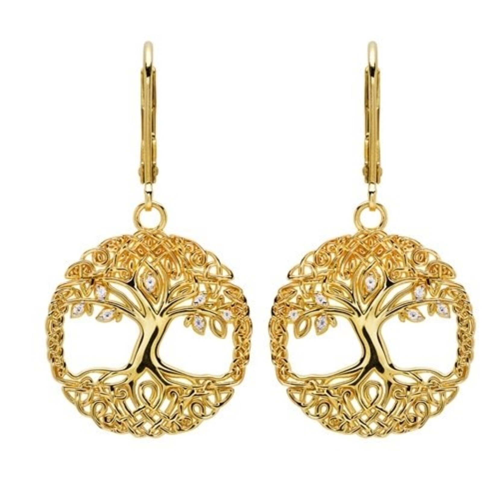 EARRINGS SHANORE 14K GOLD VERMEIL TREE OF LIFE DROP EARRINGS w/ SET CZs