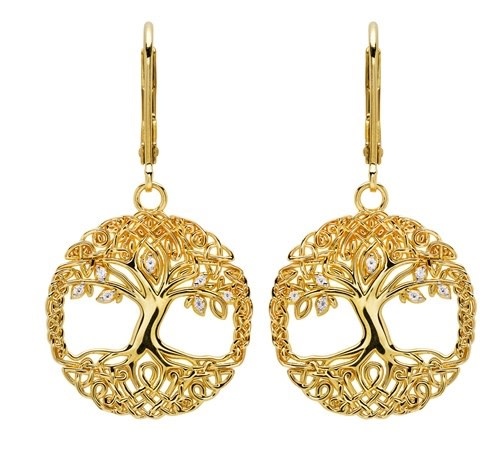 EARRINGS SHANORE 14K GOLD VERMEIL TREE OF LIFE DROP EARRINGS w/ SET CZs