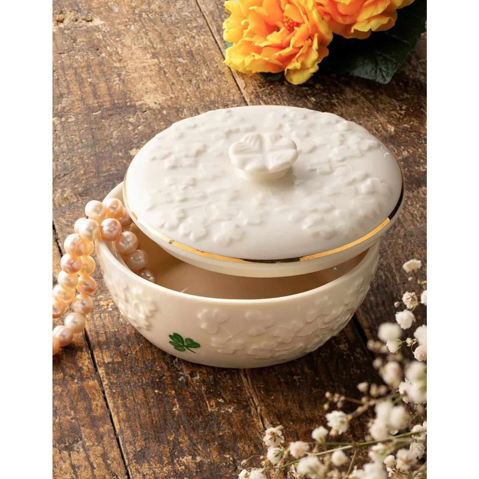 GIFTWARE BELLEEK FIELDS of SHAMROCKS TRINKET BOX