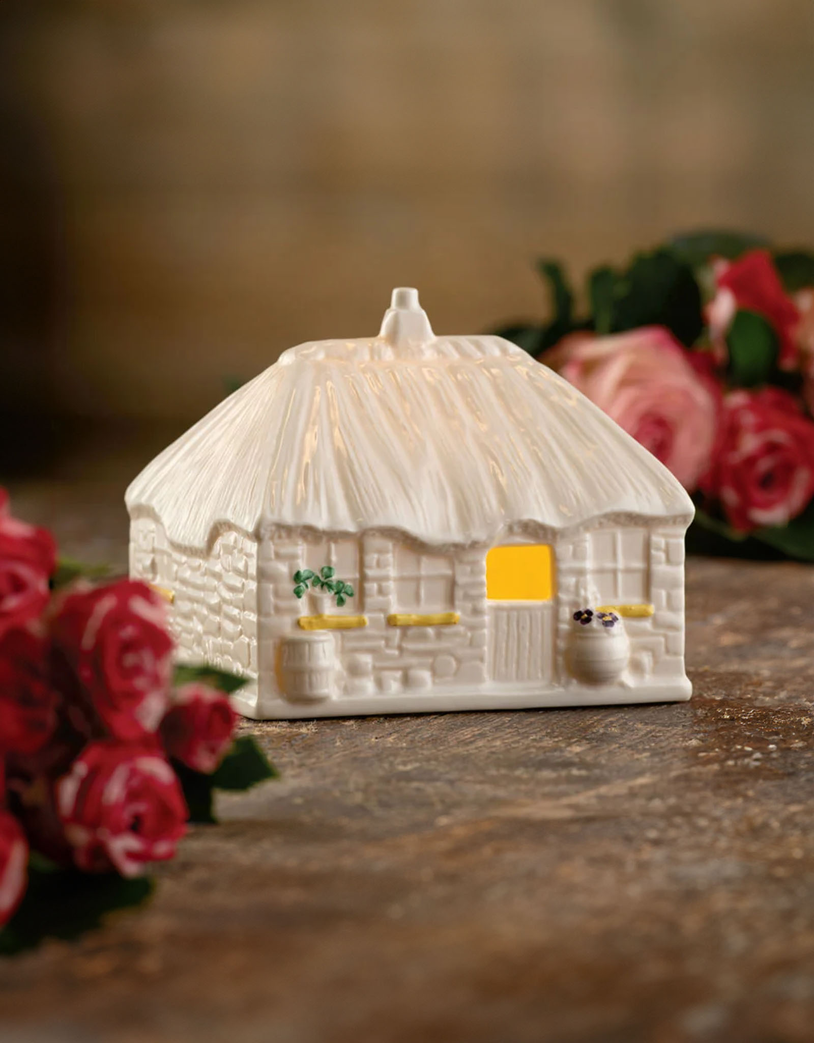 LIMITED EDITION BELLEEK IRISH THATCHED COTTAGE LED VOTIVE - SIGNING PIECE
