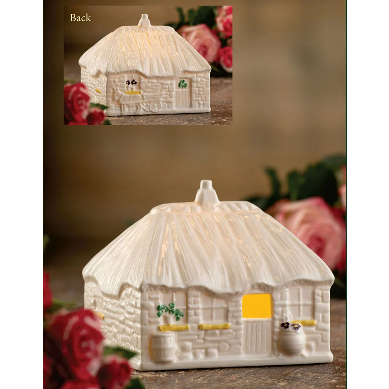 LIMITED EDITION BELLEEK IRISH THATCHED COTTAGE LED VOTIVE - SIGNING PIECE