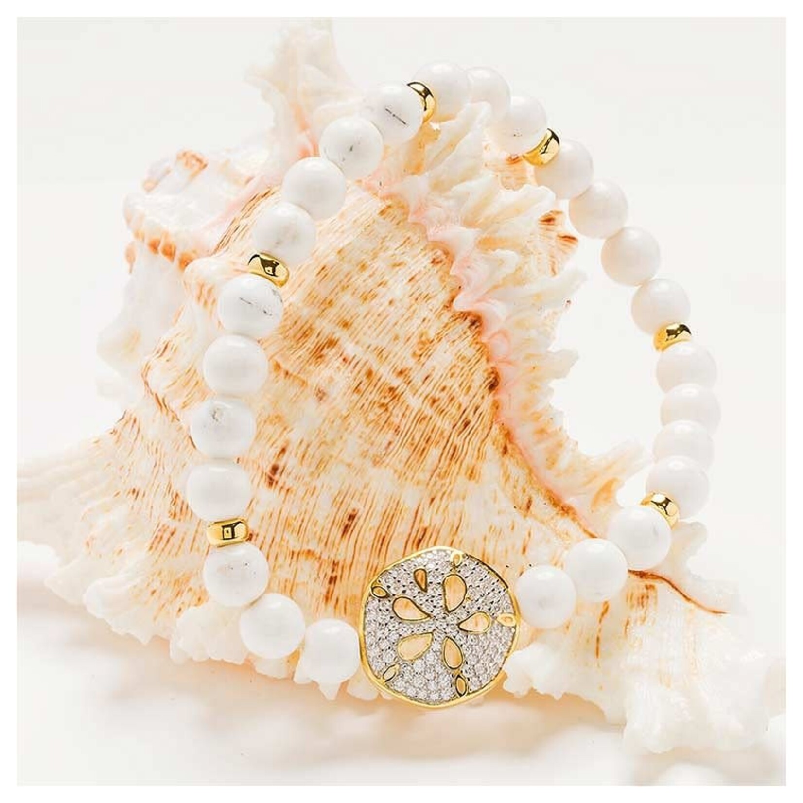 BRACELETS & BANGLES OCEAN 14K GOLD VERMEIL SAND DOLLAR WHT AGATE STRETCHY BRACELET