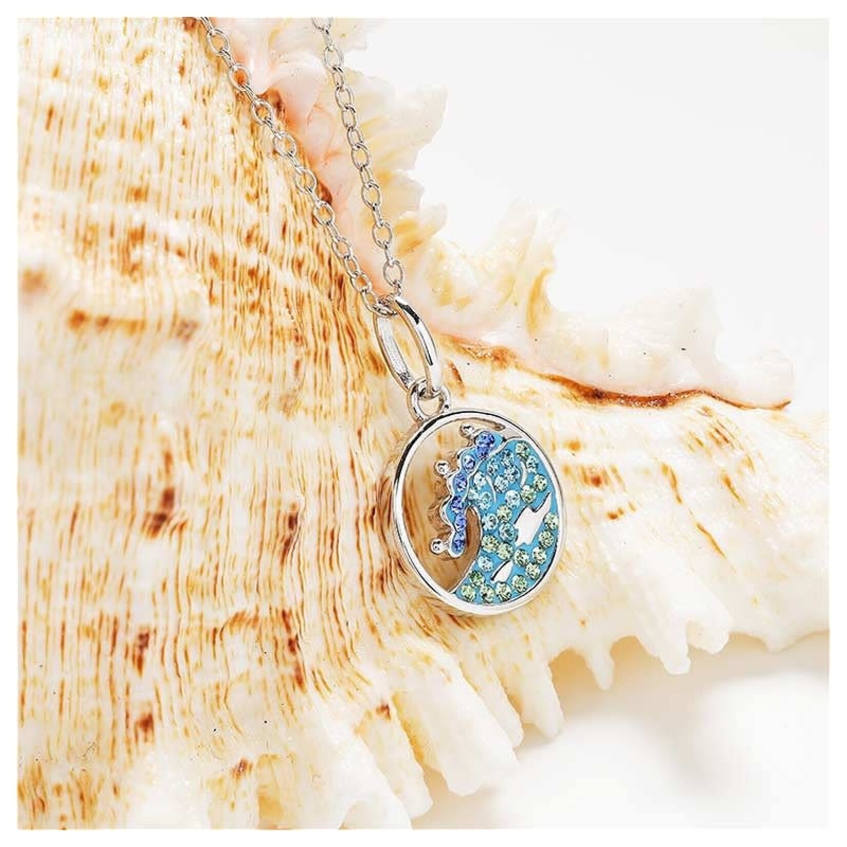 PENDANTS & NECKLACES OCEAN STERLING WAVE MINI PENDANT w AQUA & GRN CRYSTALS