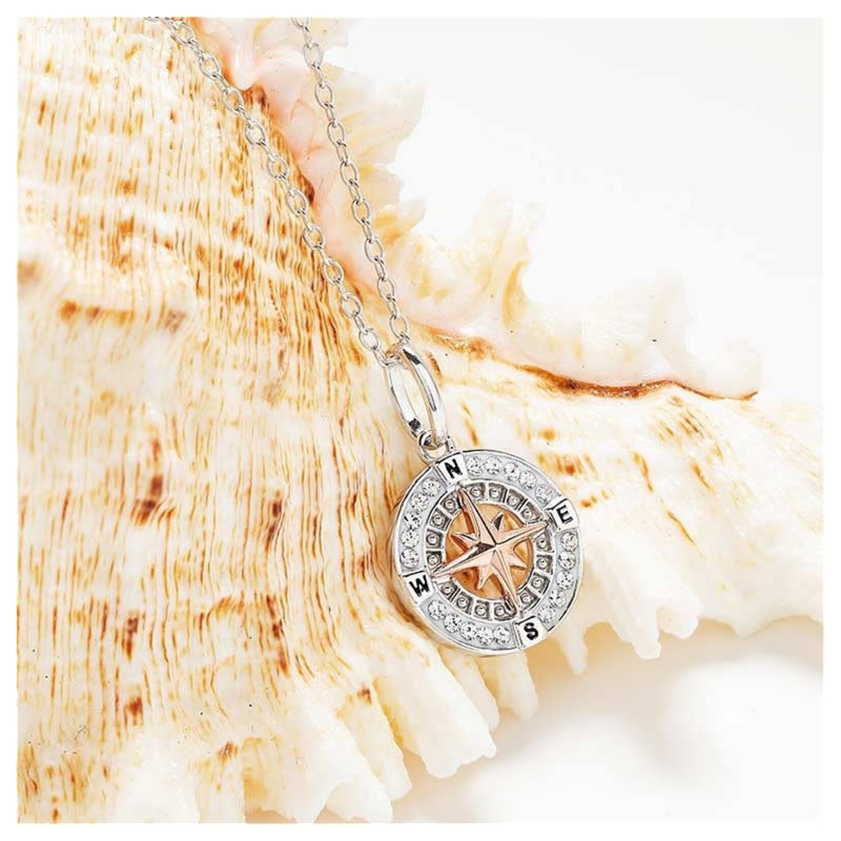 PENDANTS & NECKLACES OCEAN STERLING COMPASS MINI PENDANT w RG & CRYSTALS