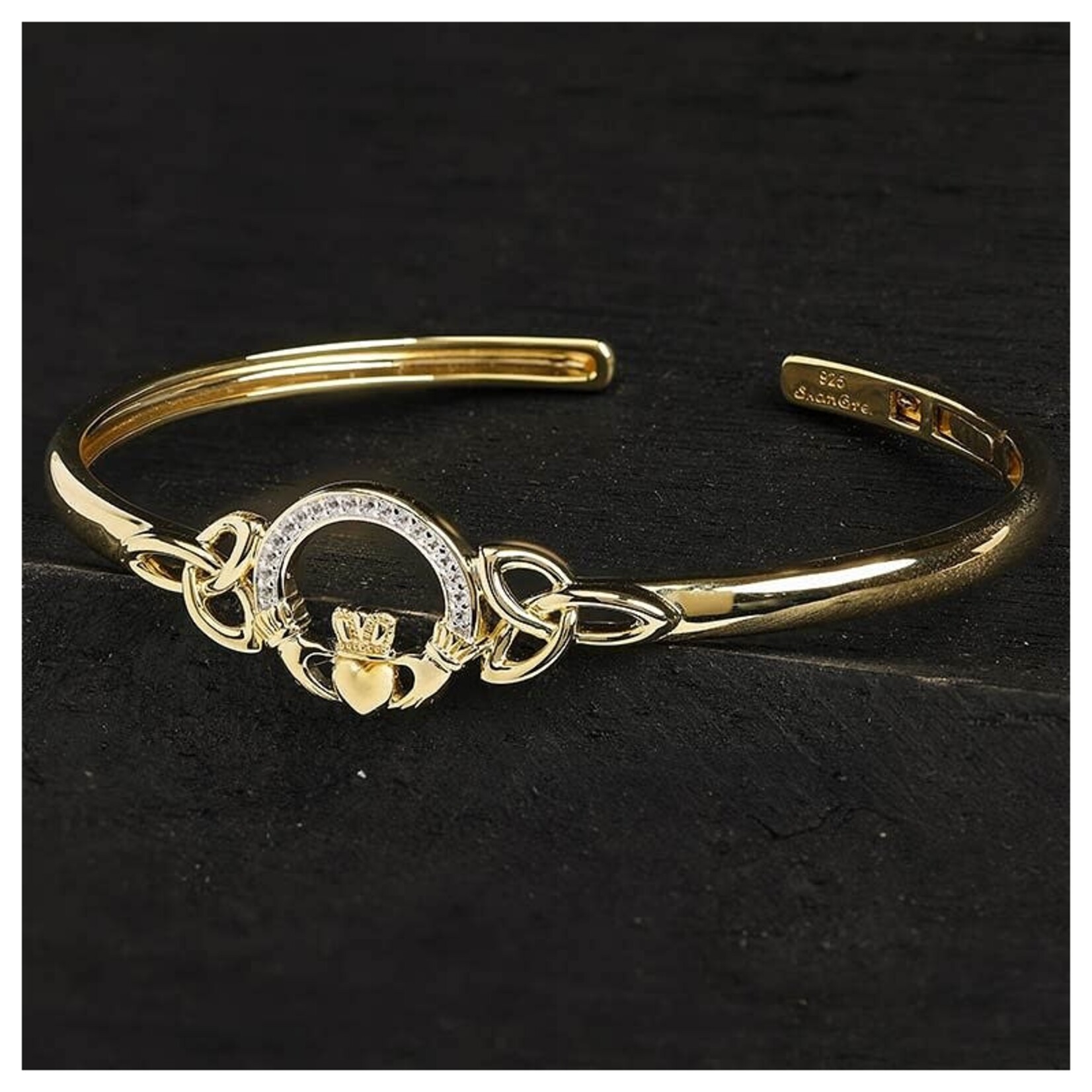 BRACELETS & BANGLES SHANORE 14K GOLD VERMEIL CLADDAGH BANGLE w LAB WHT SAPPHIRE