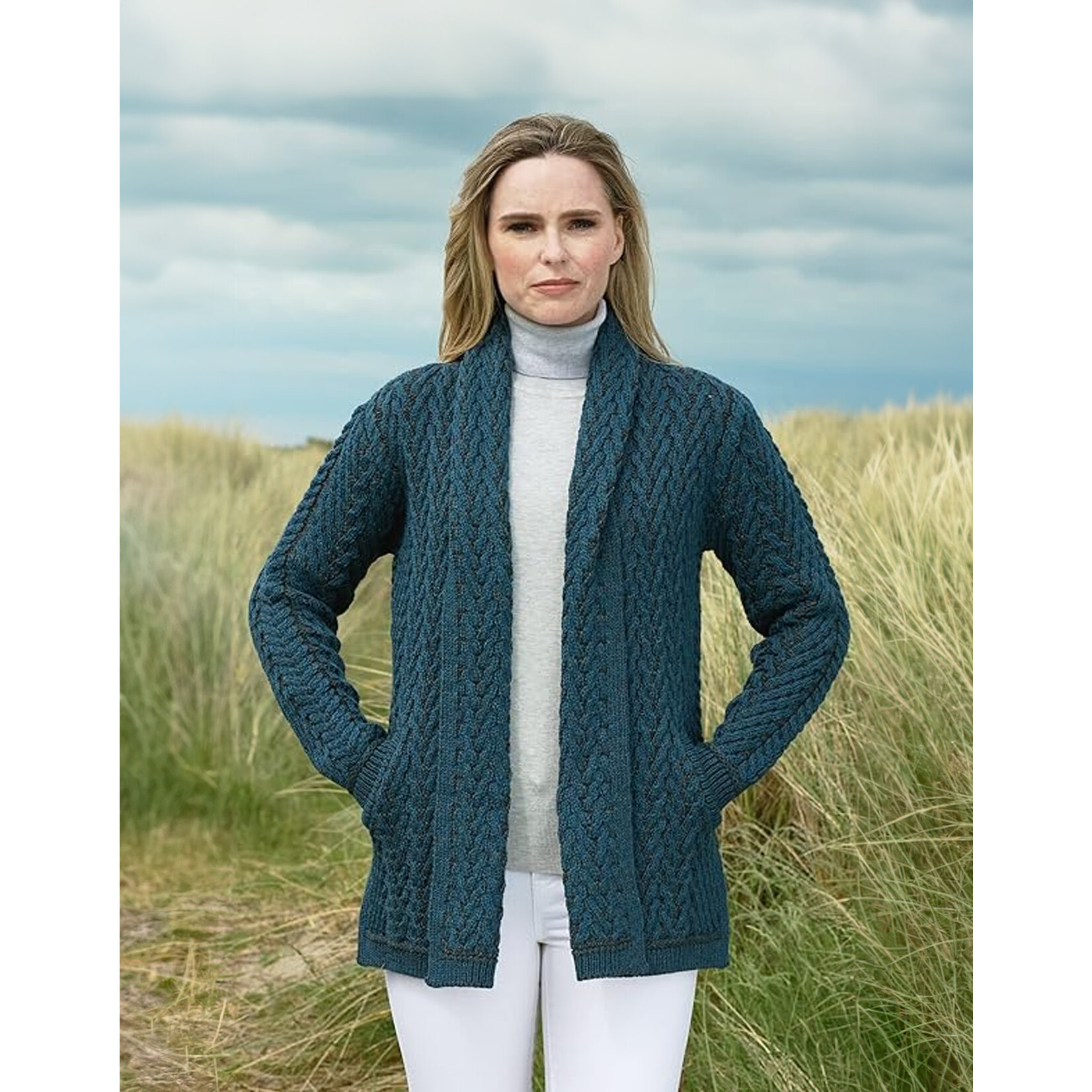 SWEATERS CLEARANCE: KILLALA HERRINGBONE EDGE TO EDGE CARDIGAN - Mallard Mix: FINAL SALE