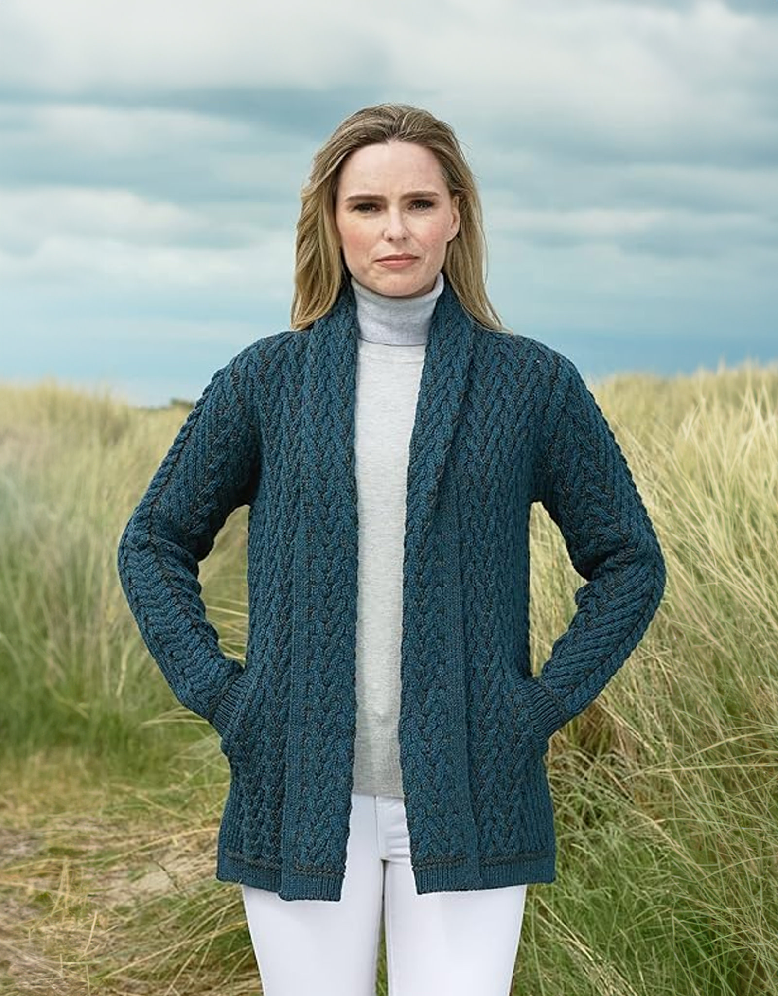 SWEATERS KILLALA HERRINGBONE EDGE TO EDGE CARDIGAN - Mallard Mix