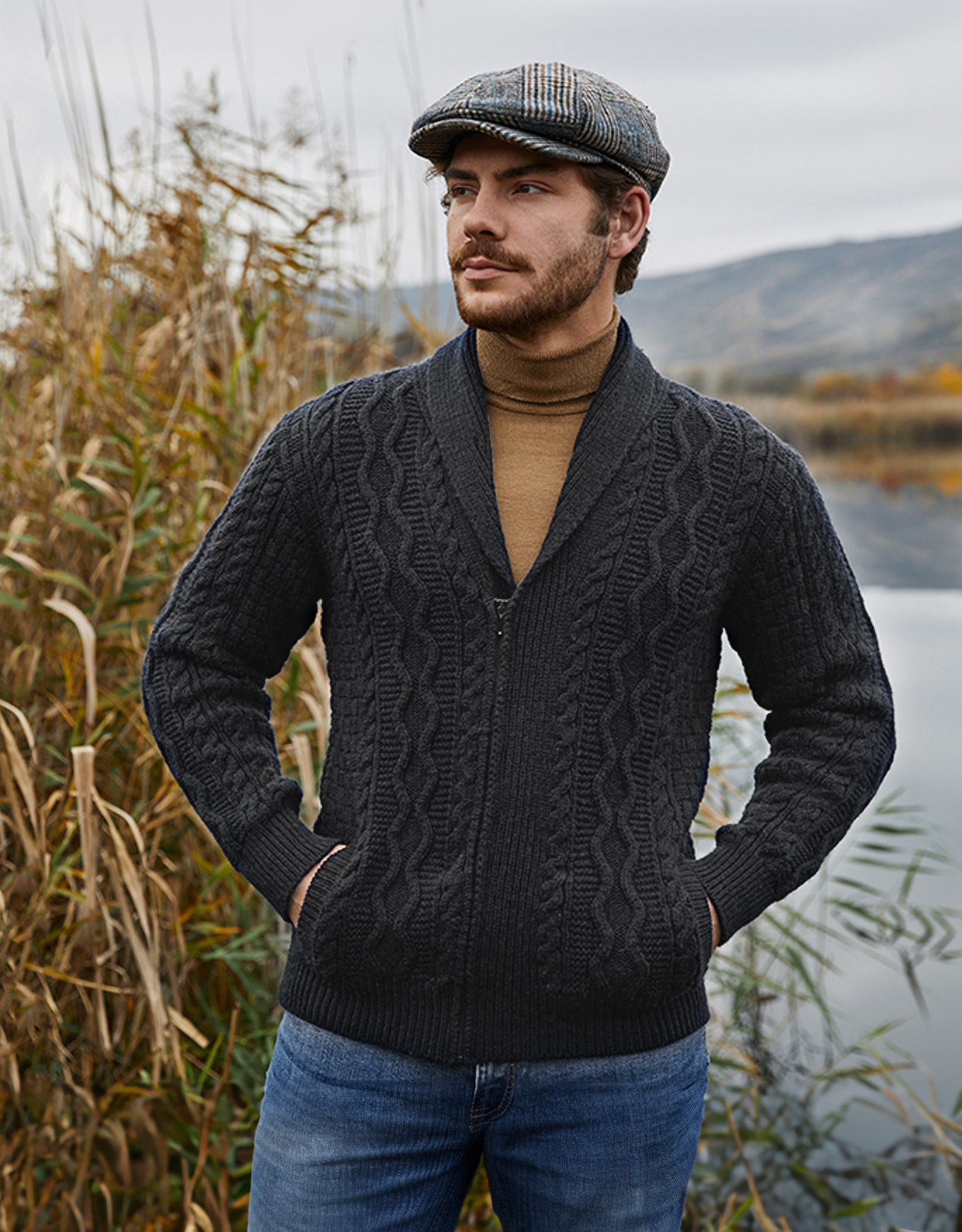 SWEATERS SAOL MENS ZIPPER KNIT CARDIGAN - Charcoal