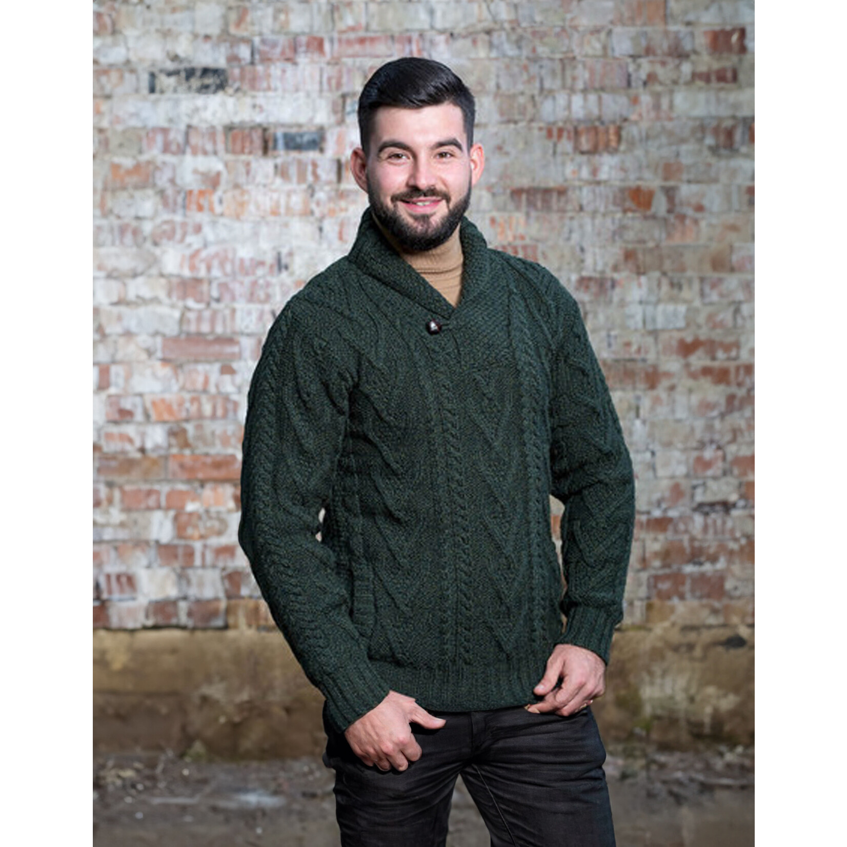 SWEATERS CLEARANCE: SAOL MENS SHAWL COLLAR SWEATER w BUTTON - Army Green :FINAL SALE