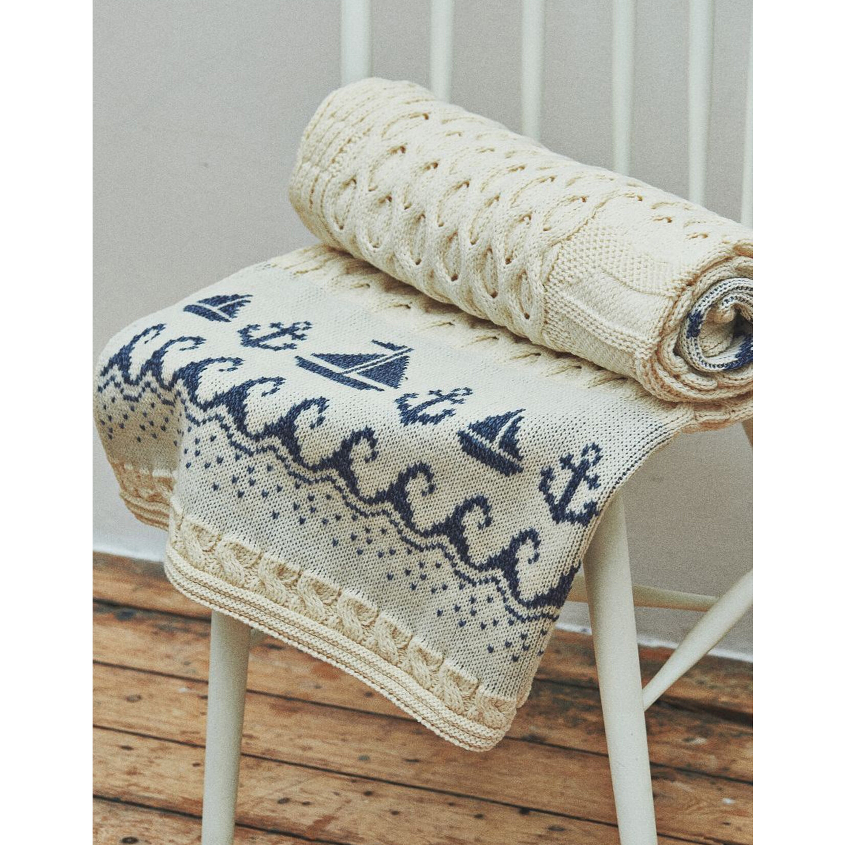 TAPESTRIES, THROWS, ETC. ARAN SAIL BOAT KNIT THROW BLANKET - Cream