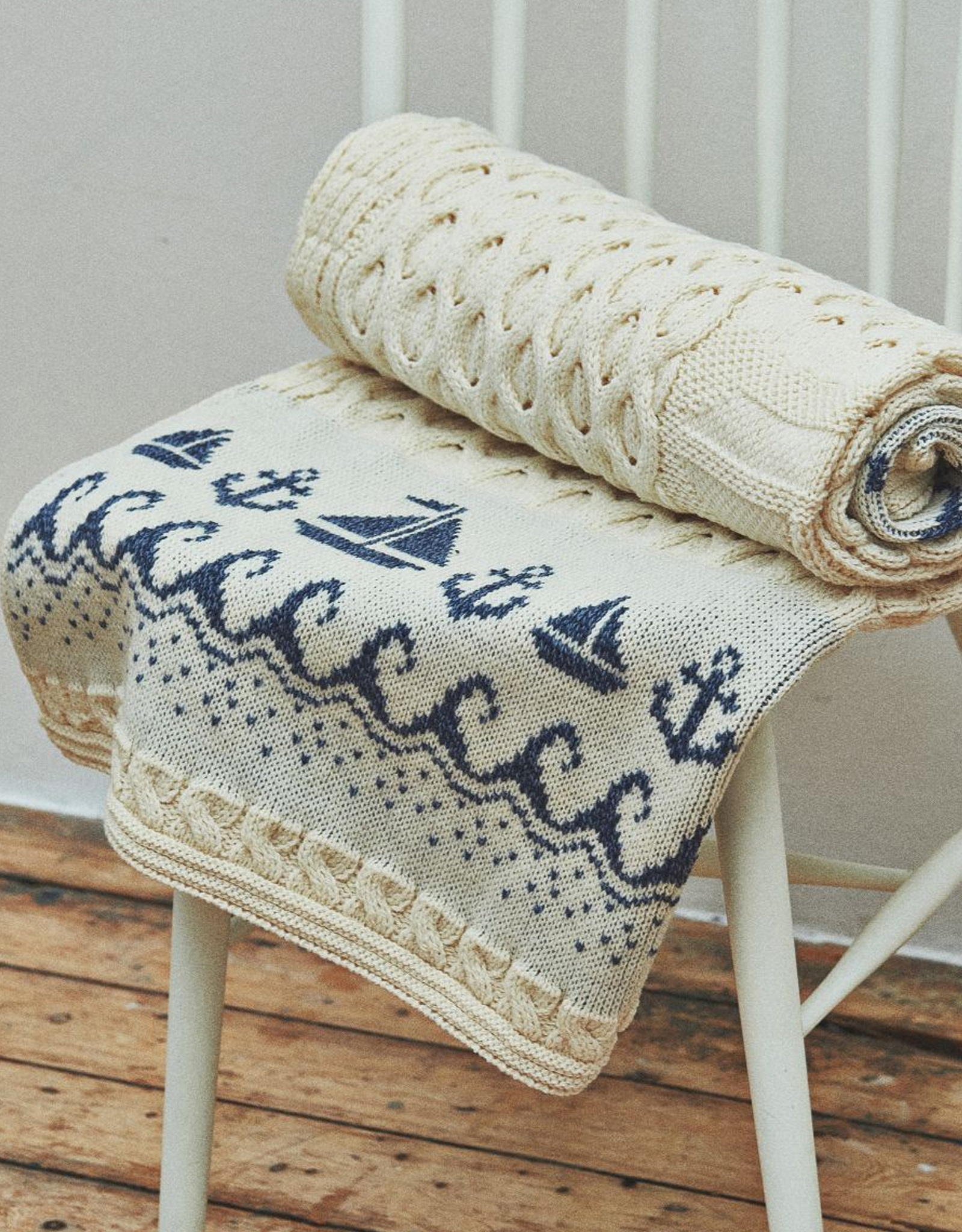 TAPESTRIES, THROWS, ETC. ARAN SAIL BOAT KNIT THROW BLANKET - Cream