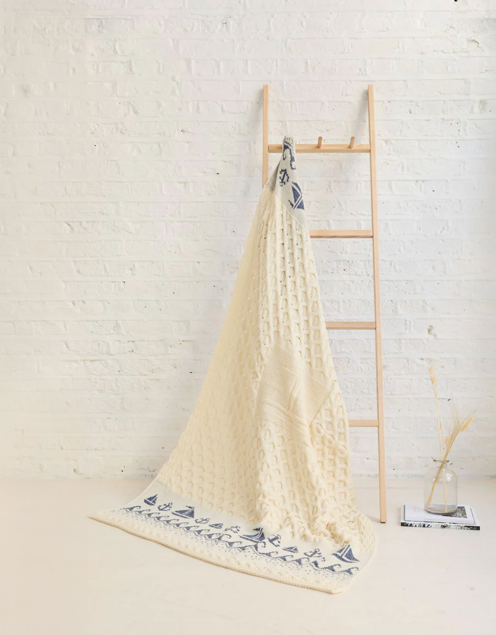 TAPESTRIES, THROWS, ETC. ARAN SAIL BOAT KNIT THROW BLANKET - Cream