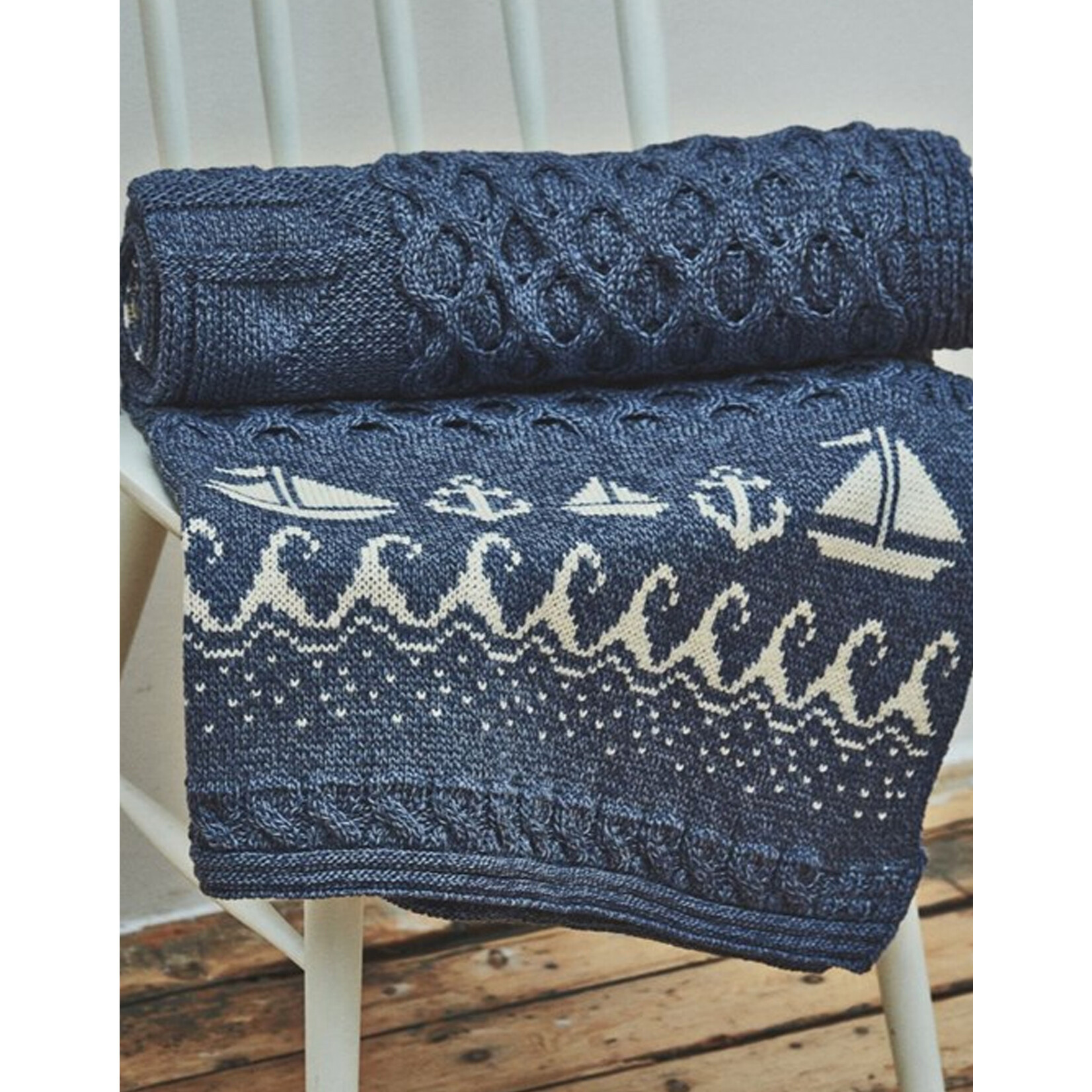 TAPESTRIES, THROWS, ETC. ARAN SAIL BOAT KNIT THROW BLANKET - Blue