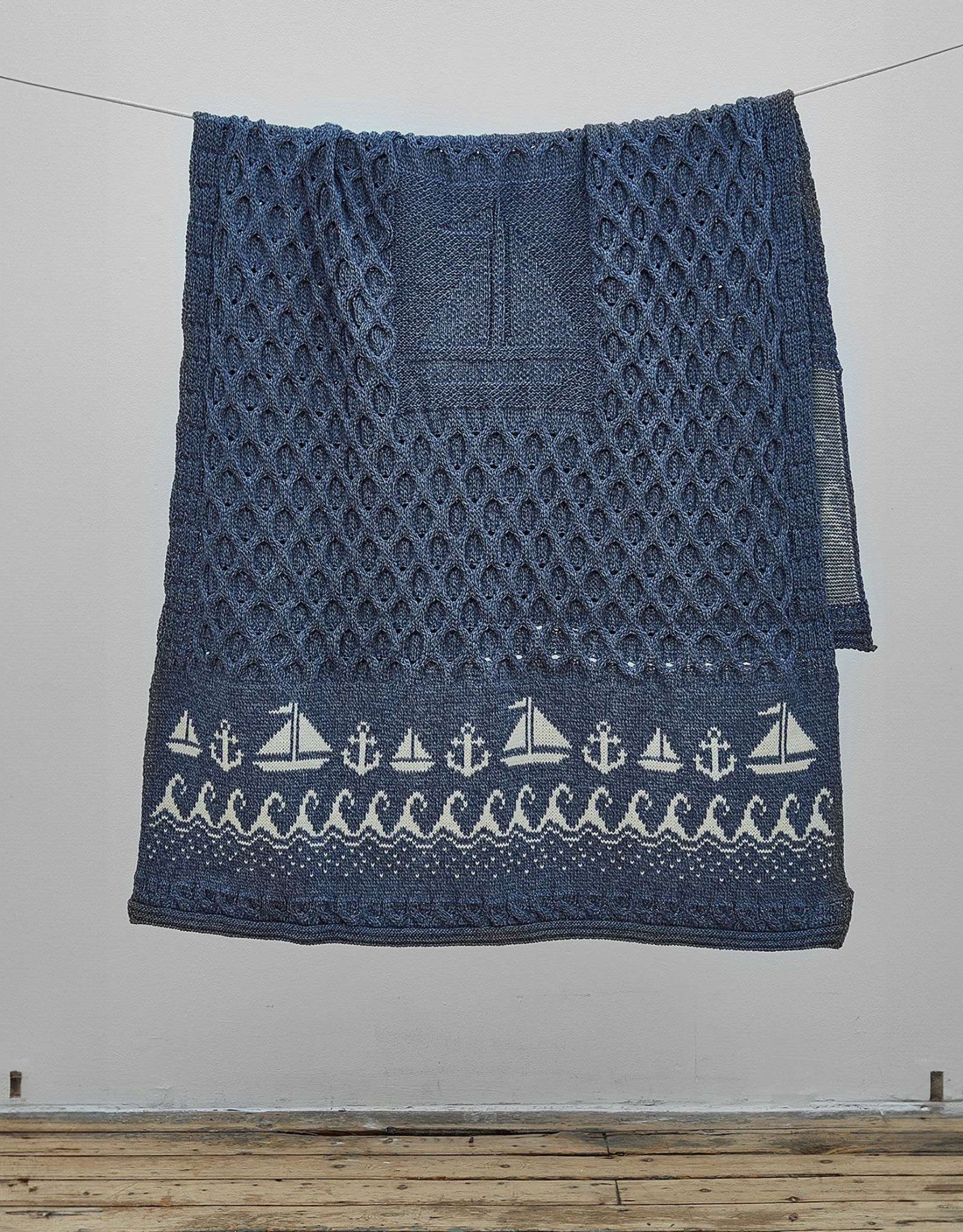 TAPESTRIES, THROWS, ETC. ARAN SAIL BOAT KNIT THROW BLANKET - Blue