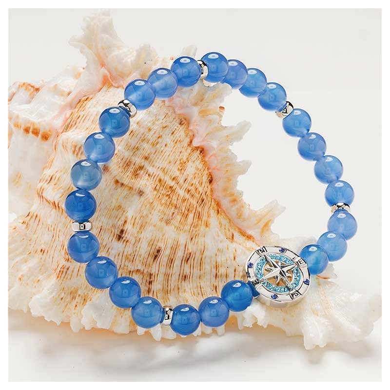 BRACELETS & BANGLES OCEAN STERLING COMPASS BLUE AGATE STRETCHY BRACELET