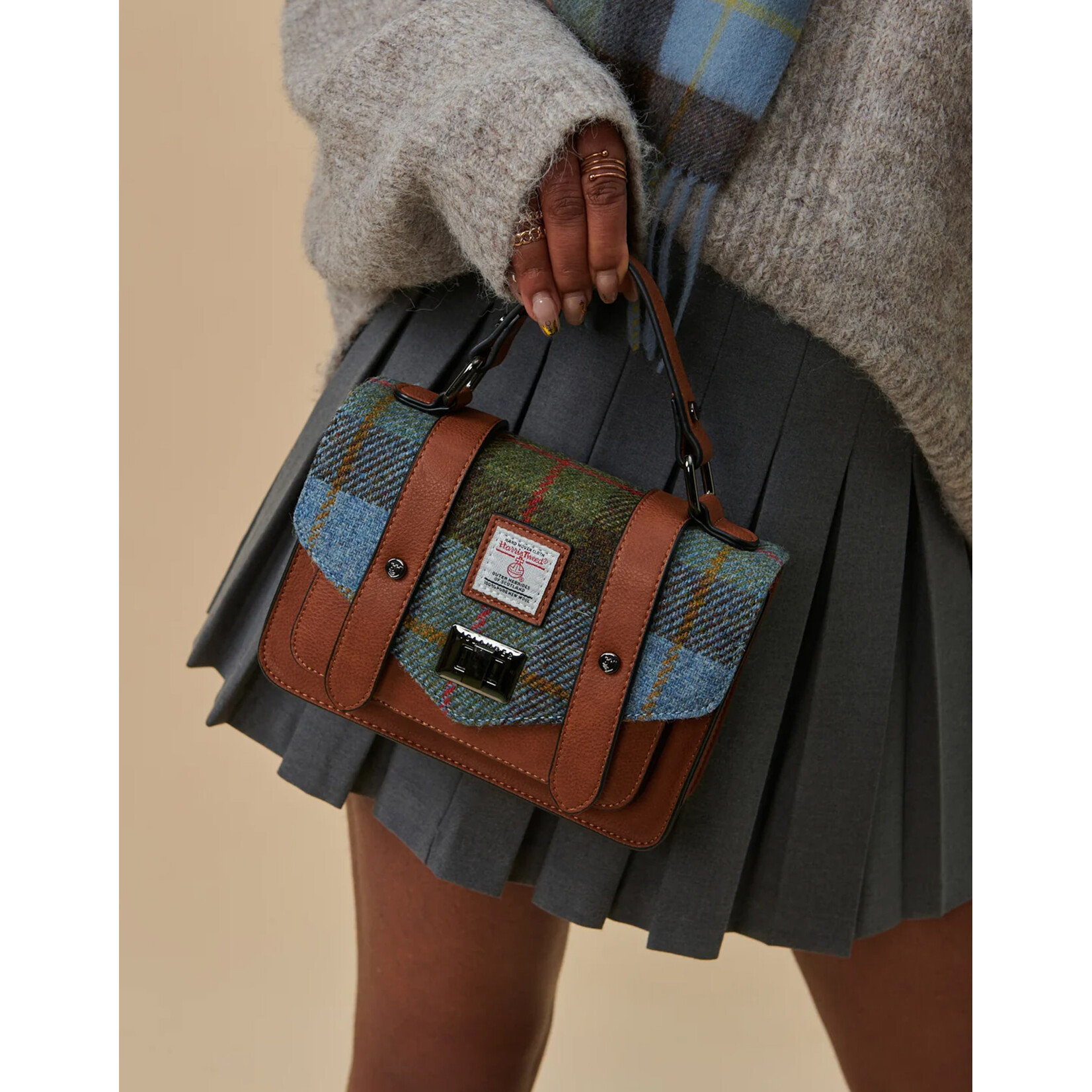 ACCESSORIES ISLANDER MINI SATCHEL w HARRIS TWEED Chestnut & Blue Tartan