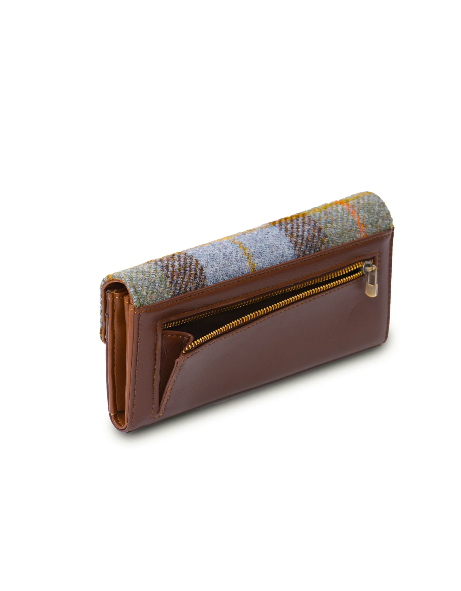 ACCESSORIES ISLANDER LRG CLASP PURSE WALLET w HARRIS TWEED Chestnut & Blue Tartan