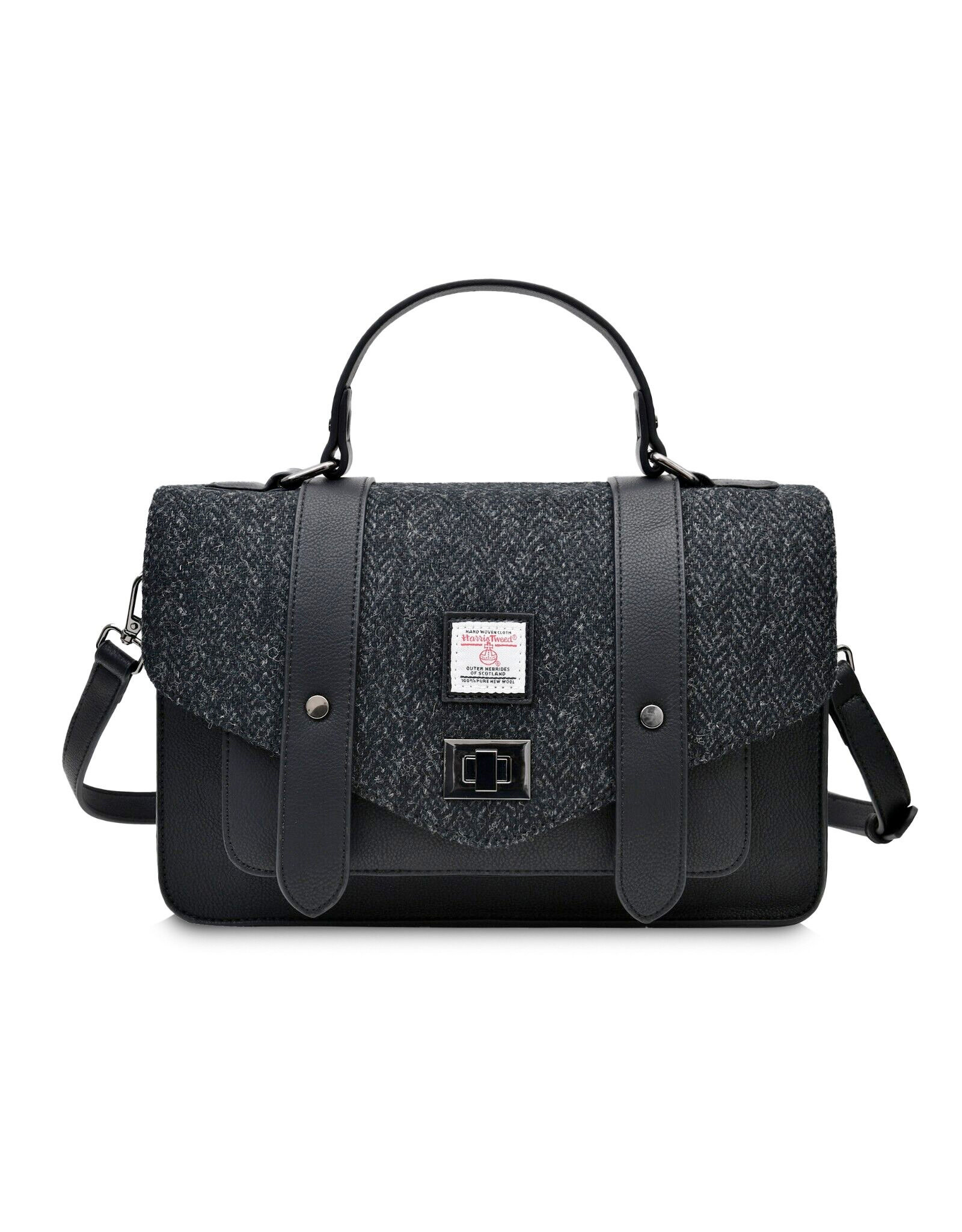 ACCESSORIES ISLANDER LARGE SATCHEL w HARRIS TWEED Black Herringbone